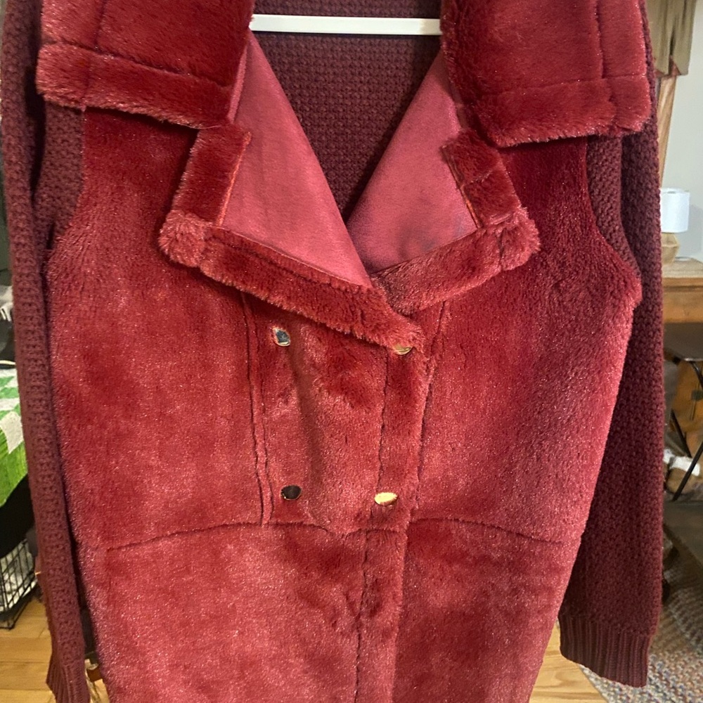 12th Love Women's Red Faux Fur Suede Sweater Coat